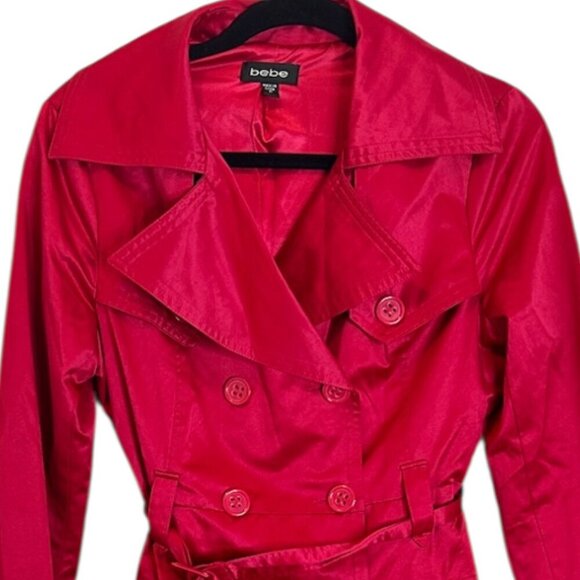 Bebe Barbie Hot Pink Satin‎ Trench Rain Coat Belted Button Up Sz M Bratz Midi - Picture 5 of 6